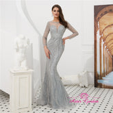 Silver Beaded Mermaid Evening Ball Gown - FashionByTeresa